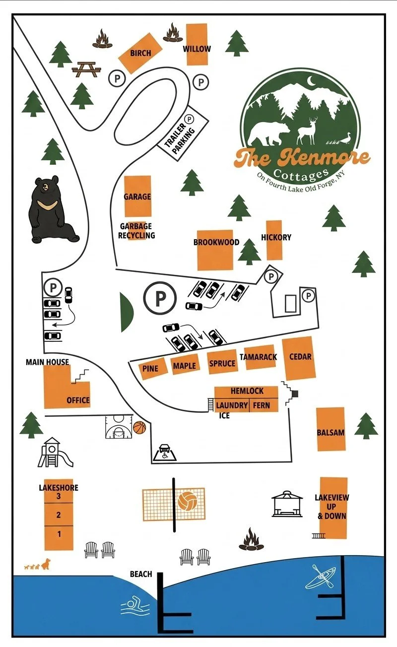 Map of The Kanmore Cottages in Old Forge, NY. Features include a main house, office, various cabin names like Pine, Maple, Spruce, Tamarack, Cedar, Hemlock, and Fern, parking areas, a beach, volleyball court, playground, and nearby lake.