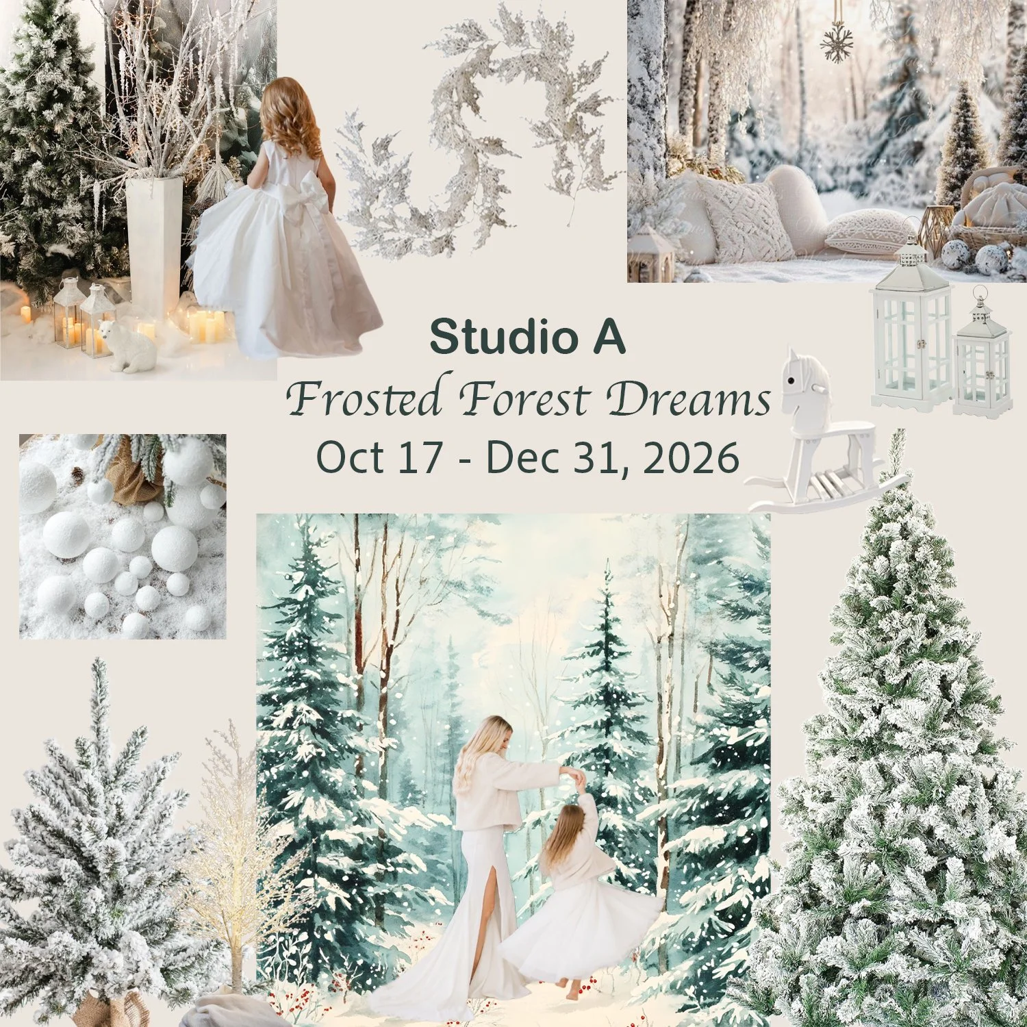 Frosted Forest Dreams - Available Oct 17-Dec 31, in front of the French moulding wall.