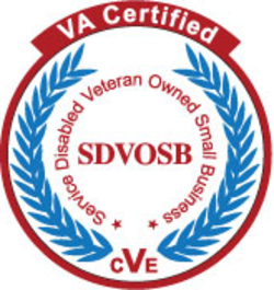 VA Certified SDVOSB logo with laurel wreath and red-blue color scheme.