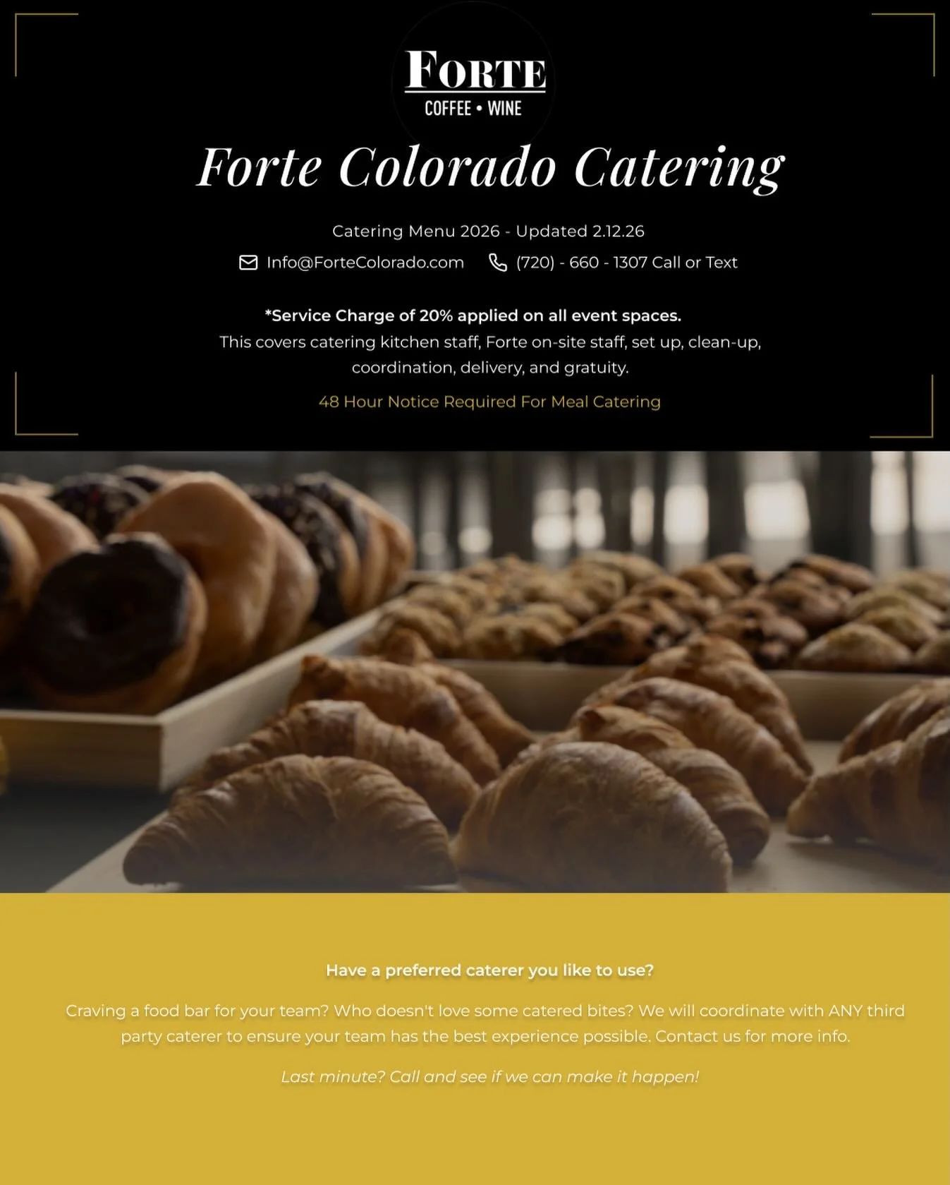 Elevate your catering for meetings that mean business. Let Forte handle the details. ☕️✨ 
#ForteColorado #DenverCorporateEvents #OfficeCatering #BusinessHospitality #CoffeeWineEvents