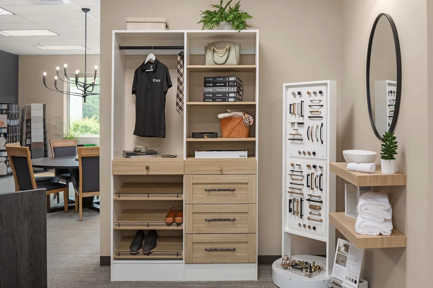 Closet organization display with shelving and drawers