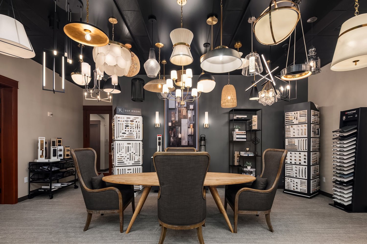 Pendant and chandelier displays in the design studio