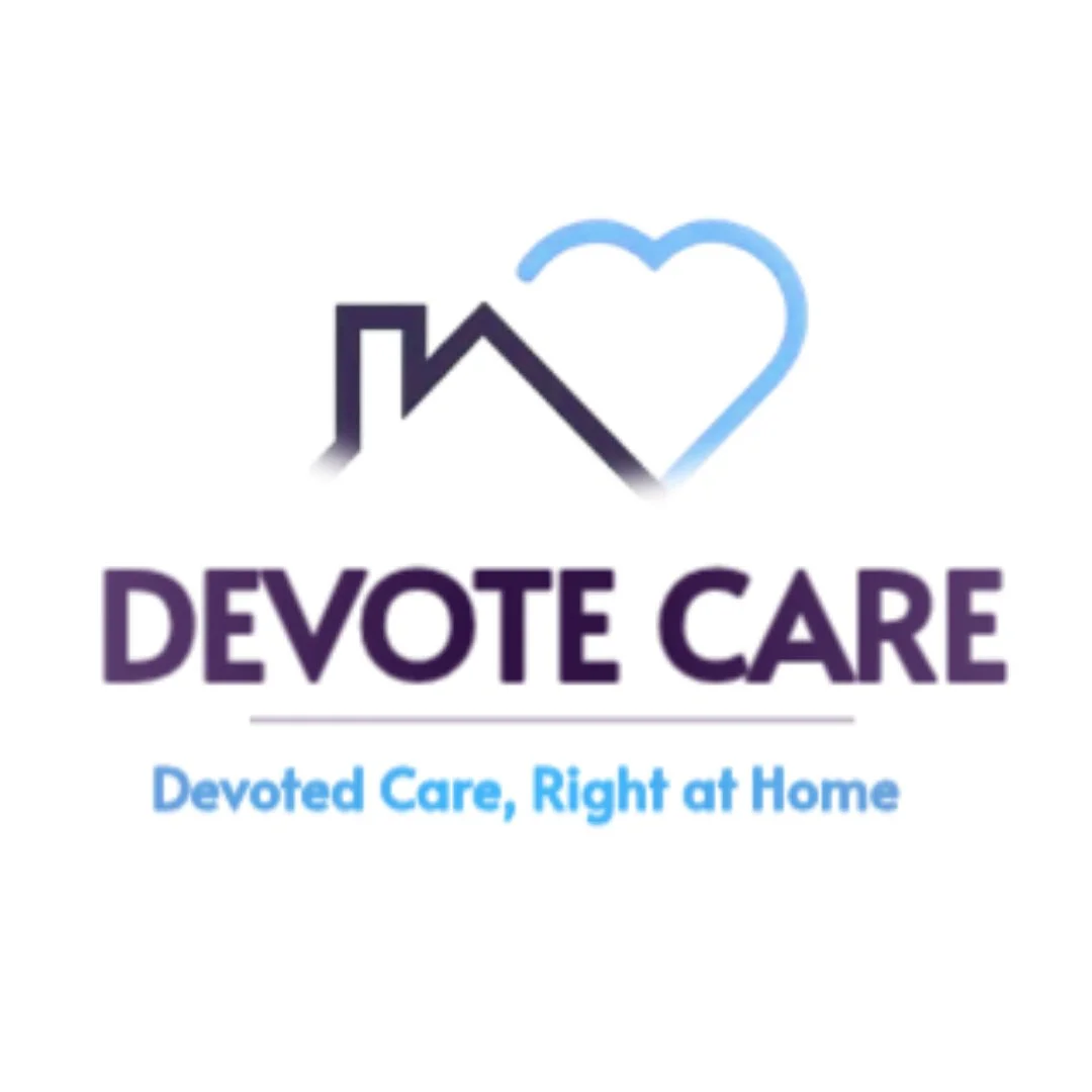 Logo for Devote Care with a house outline and a heart, and the text "Devote Care" and the slogan "Devoted Care, Right at Home".