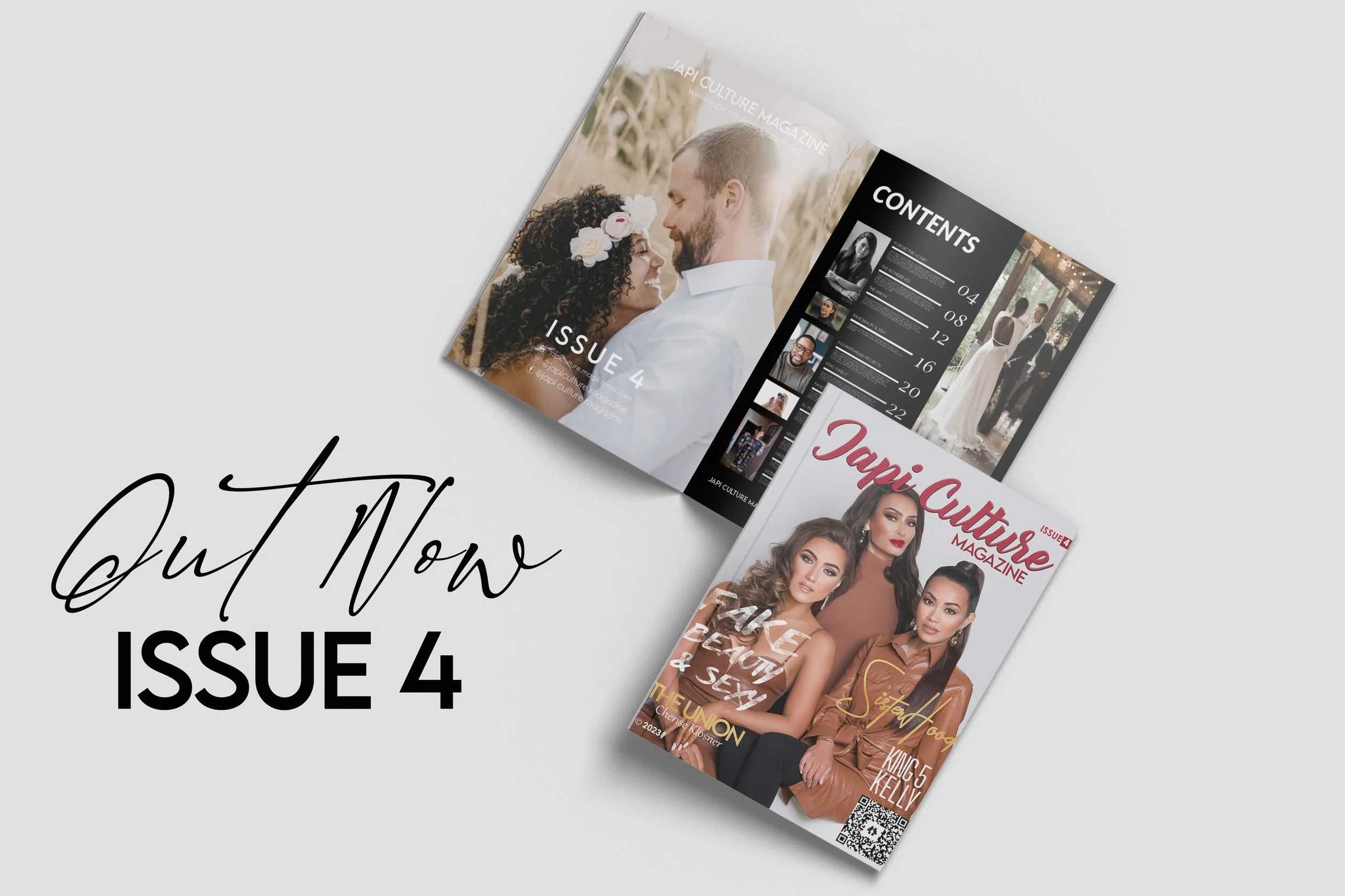 Cover of Japi Culture Magazine Issue 4 featuring diverse women, with a table of contents page showing images and page numbers, and a couple at a wedding dance.