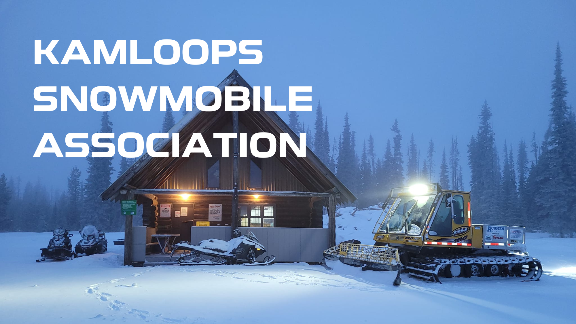 A snowy landscape featuring a wooden shelter with two snowmobiles parked beneath it, and a yellow snowcat vehicle to the right. The background includes a forest of tall pine trees and a blue sky at dusk or dawn. The image has large white text overlay