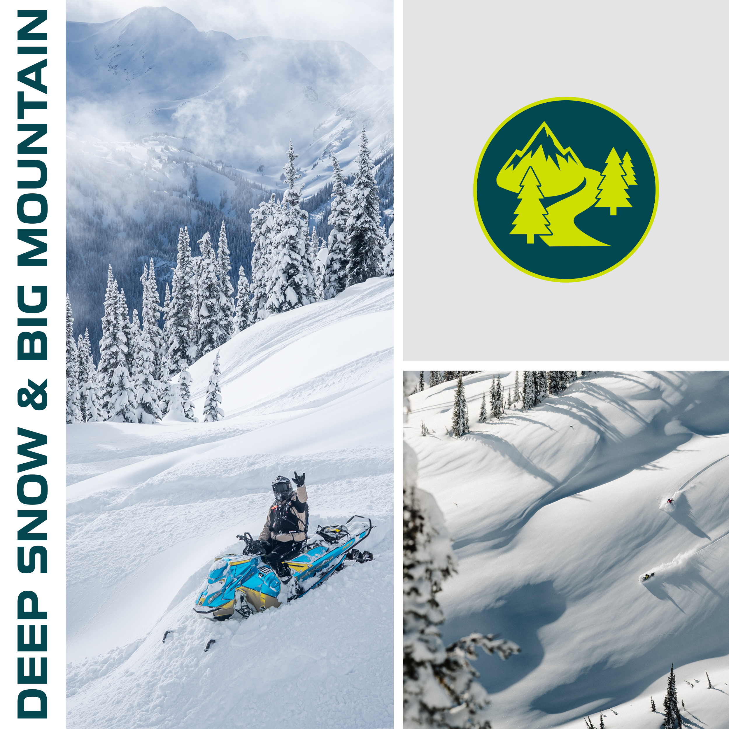 A person in snow gear riding a snowmobile through snowy mountain terrain with trees and mountains in the background.