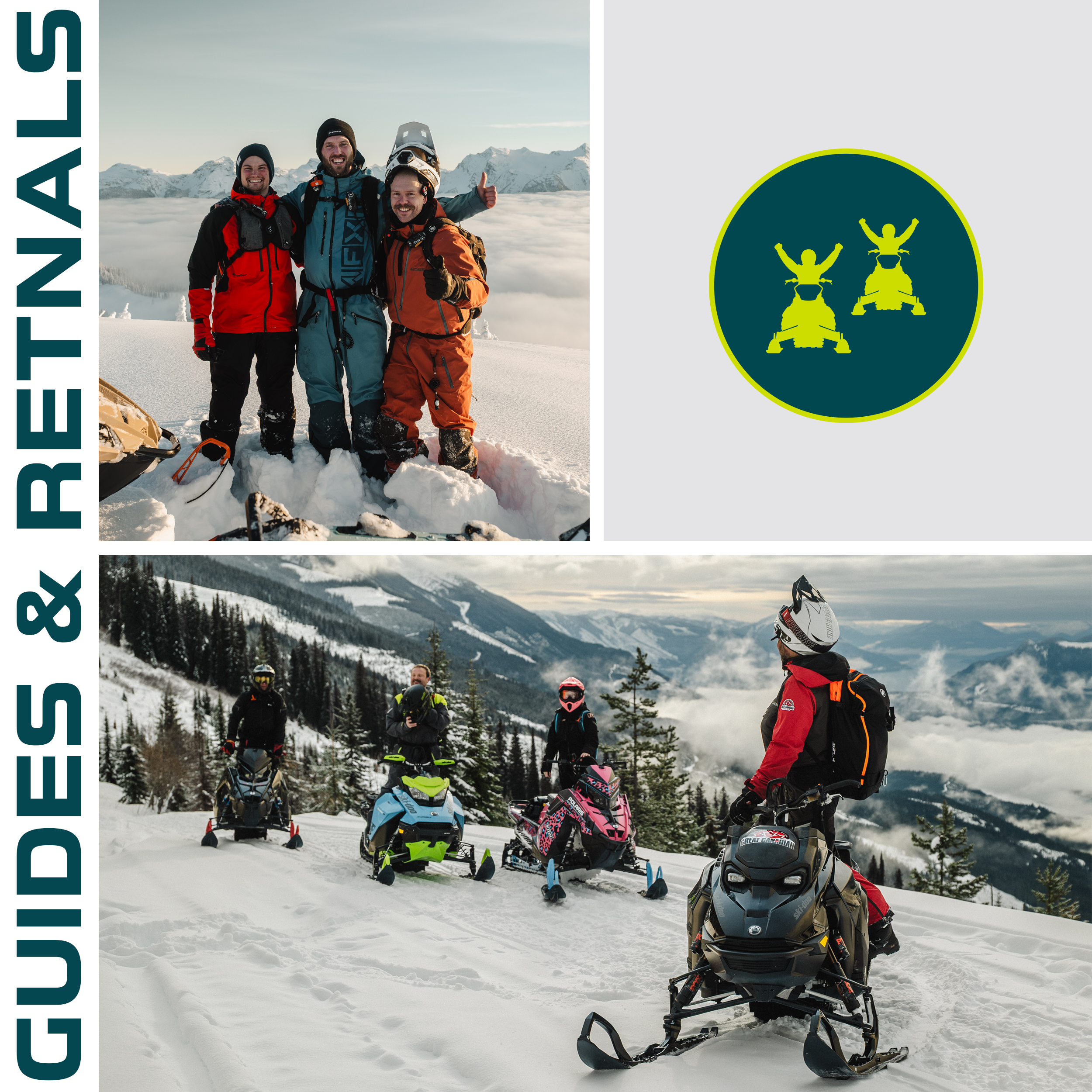 A group of people standing on snowy mountain terrain with snowmobiles, wearing winter gear, posing for a photo with mountains and cloudy sky in the background.
