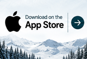 Apple App Store download icon with snowy mountain landscape in the background.