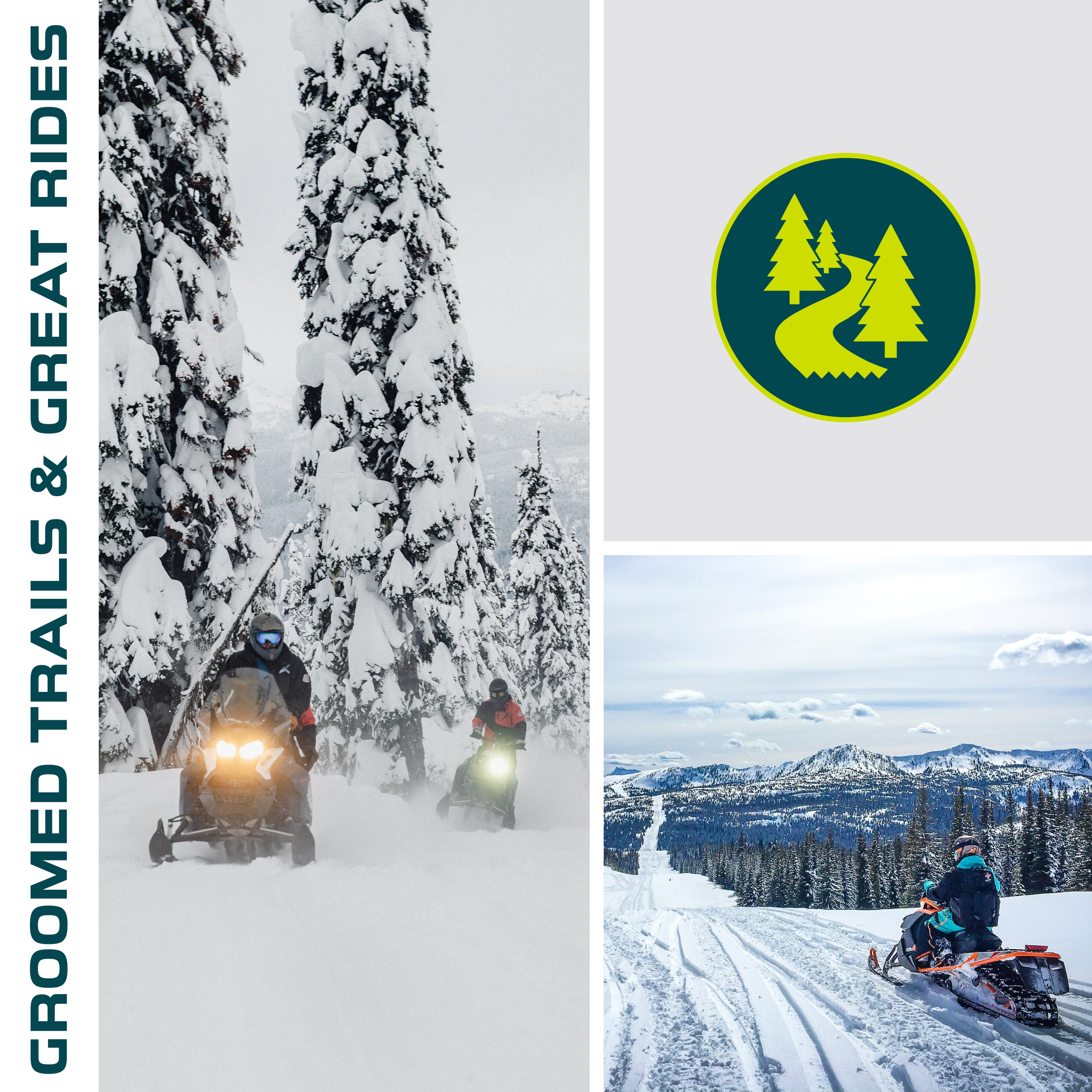 Snow-covered trees and people riding snowmobiles on a snowy landscape, with mountains and a partly cloudy sky in the background.
