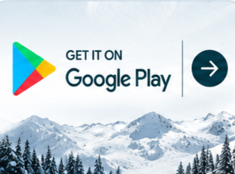 Google Play logo with text 'Get it on Google Play' and a mountain landscape background.