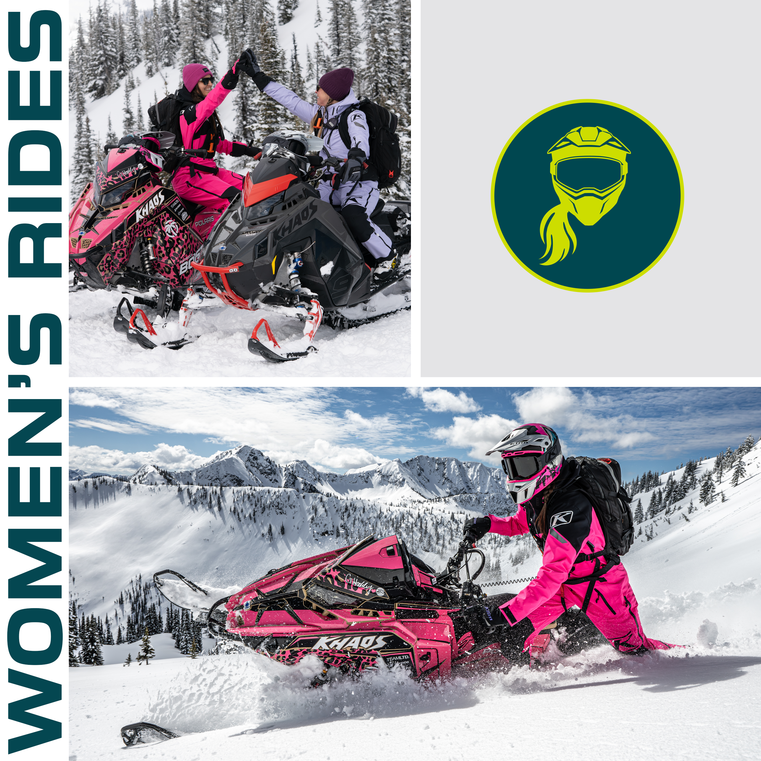 Two women in winter gear riding pink and black snowmobiles in a snowy mountain landscape, with evergreen trees and snow-capped peaks in the background.