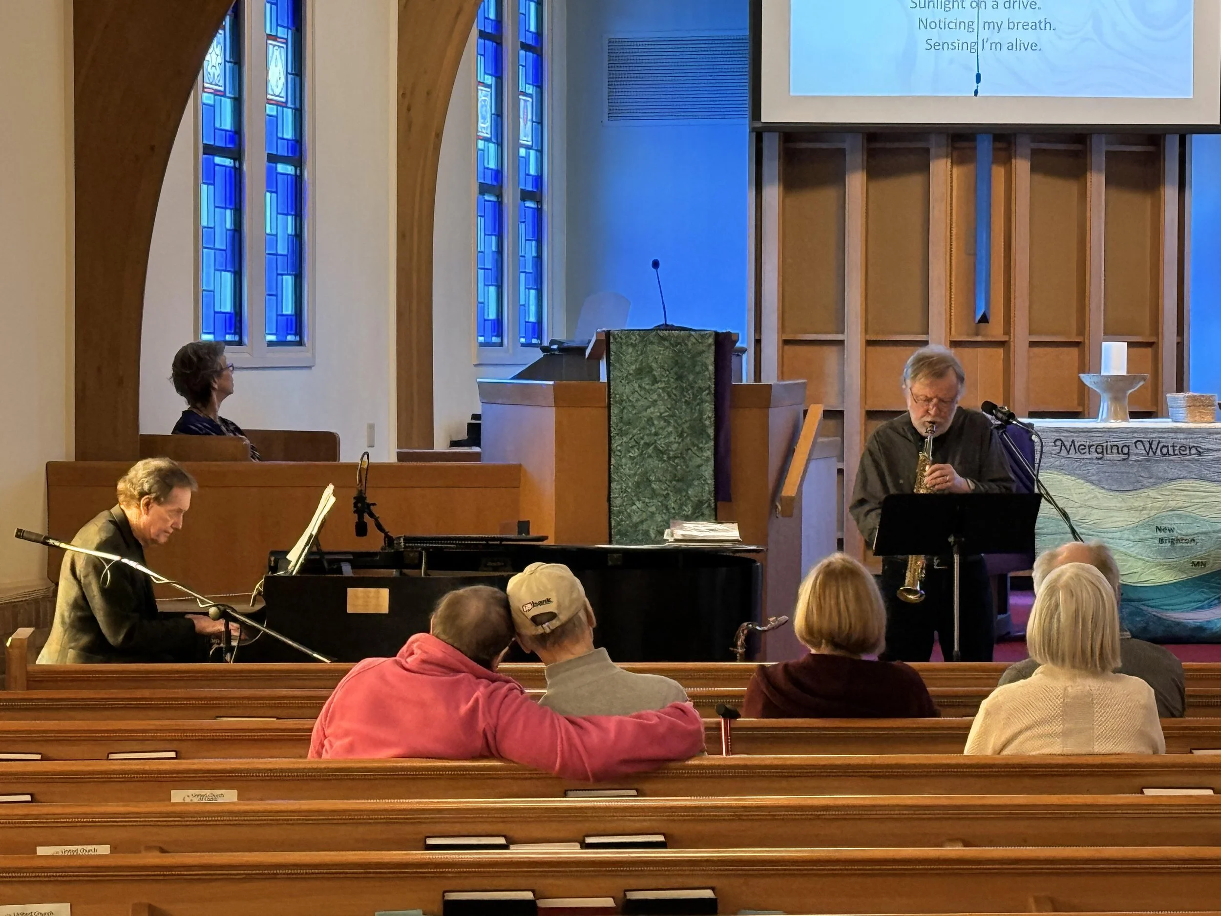 Local musicians Richard Terrill and Lawrence McDonough leading Sunday Service.