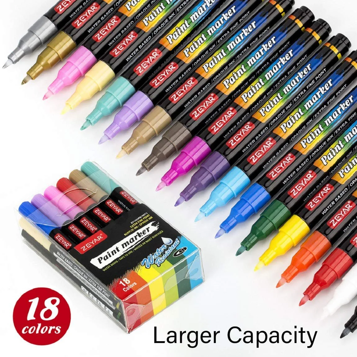 ZEYAR Premium Acrylic Paint Pen, Water Based, Extra Fine Point Tip,18 colors, Opaque Ink, Odorless, Acid Free and Safe to use, Environmental friendly.