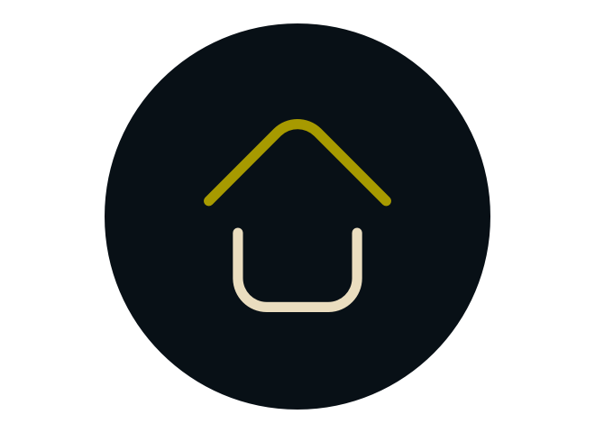 Digital icon of a house outline with a downward pointing arrow, on a black circular background.