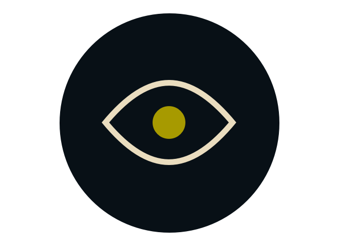 Icon of a stylized eye with a green iris on a dark circular background.