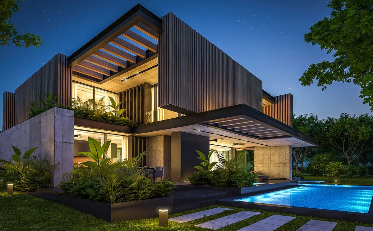 Modern two-story house at night with large windows, outdoor lighting, a swimming pool, green plants, and surrounding trees.
