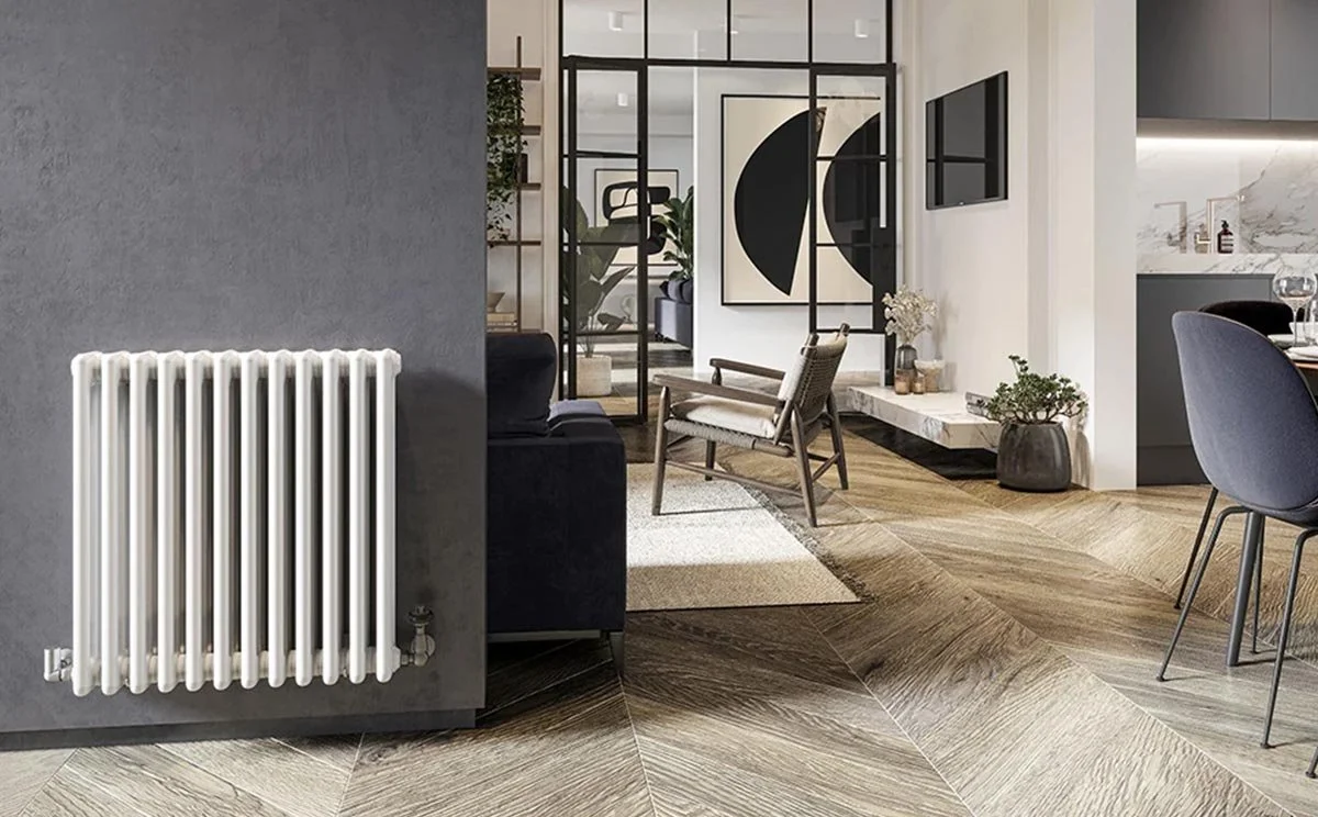 Modern living room with a gray accent wall, white radiator, black-framed glass partition, artwork, chairs, plants, and a glimpse into the kitchen with marble backsplash.