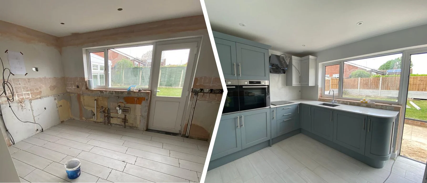 Before and after photos of a kitchen renovation, showing the transformation from an unfinished space to a finished, modern kitchen with blue cabinets, a built-in oven, and a large window.