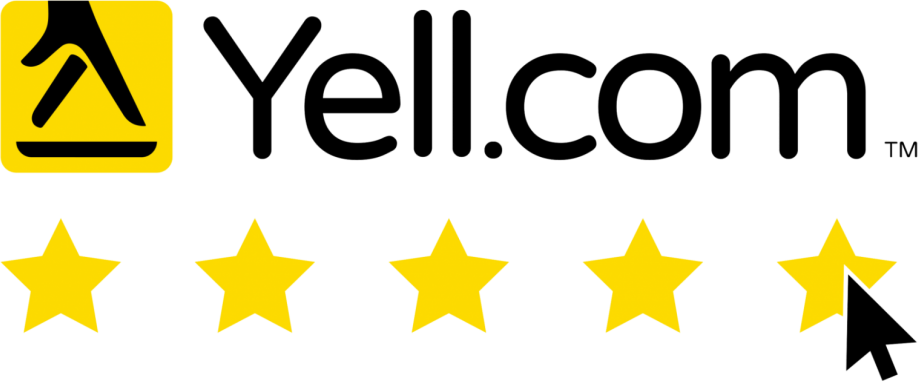 Yelp logo with a five-star rating, with the sixth star being selected.