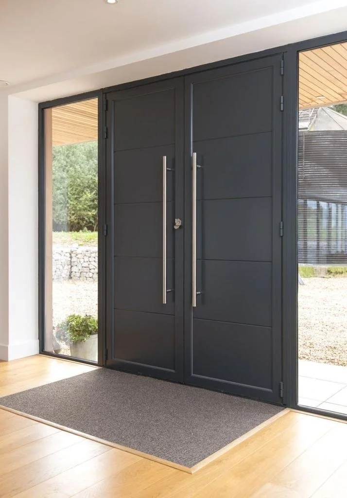 Front door with large vertical handles, flanked by glass panels, in a modern interior with light wood flooring and dark exterior.