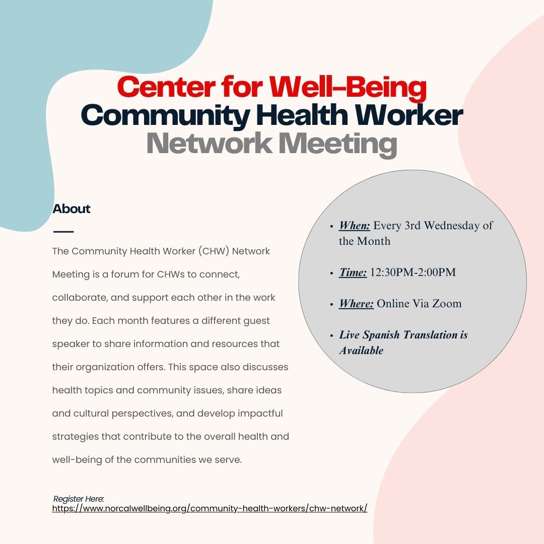 🌟Attention all Community Health Workers!🌟

The Center for Well-Being (@nc_centerforwellbeing) holds monthly meetings for CHWs! The Community Health Worker (CHW) Network Meeting is a forum for CHWs to connect, collaborate, and support each other. Ea