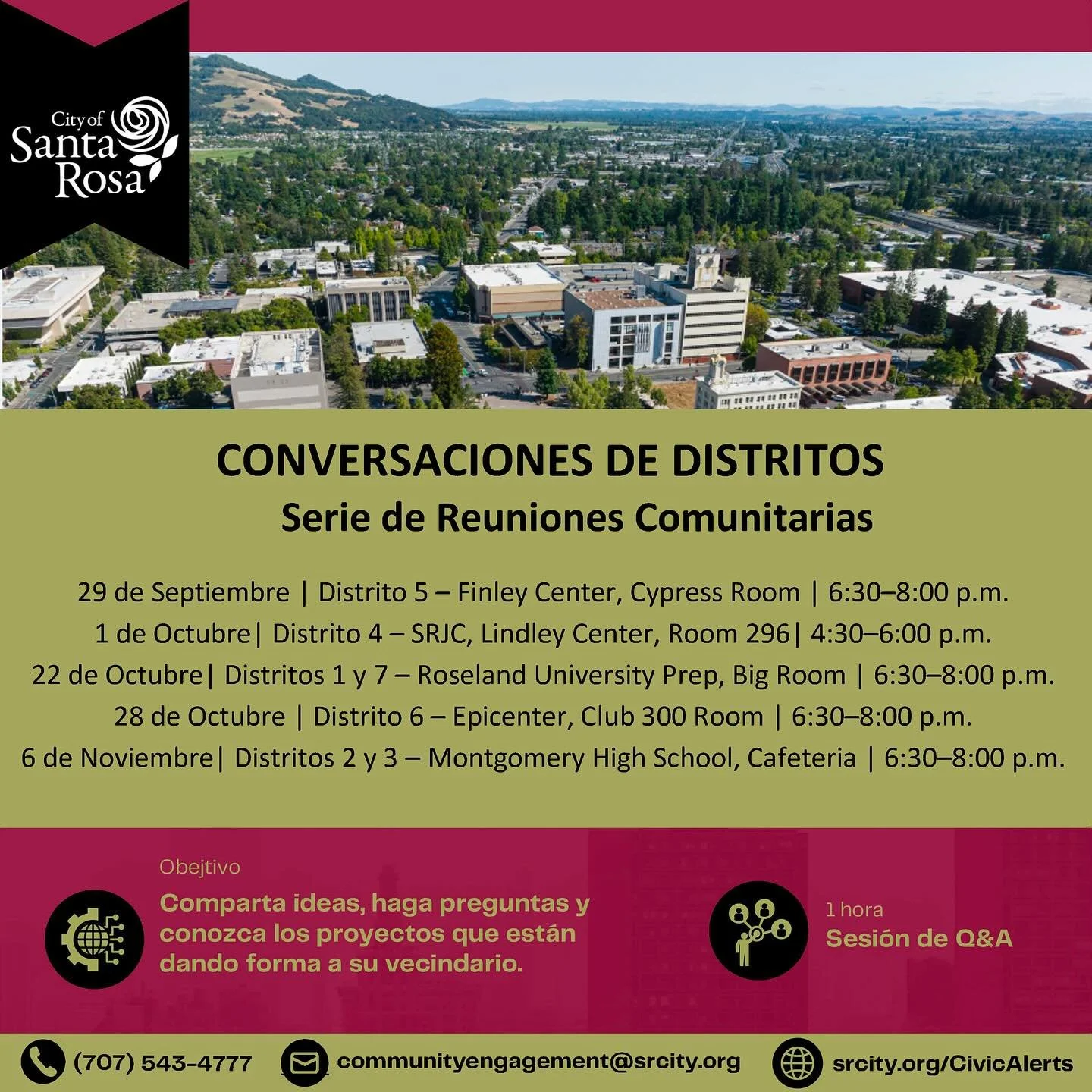 [english below]

📢‼️Atenci&oacute;n Lideres Comunitarios: La Ciudad de Santa Rosa est&aacute; lanzando una serie de juntas en cada distrito municipal. Esta es su oportunidad para conectarse directamente con sus miembros del concejo municipal, compar