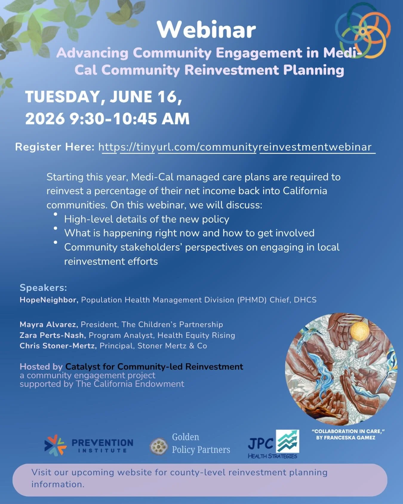 Our Program Analyst, Zara Perts-Nash, will be a guest speaker at a webinar hosted by Catalyst for Community-led Reinvestment. This webinar will go over a new policy starting this year that requires Medi-Cal managed care plans to reinvest a percentage