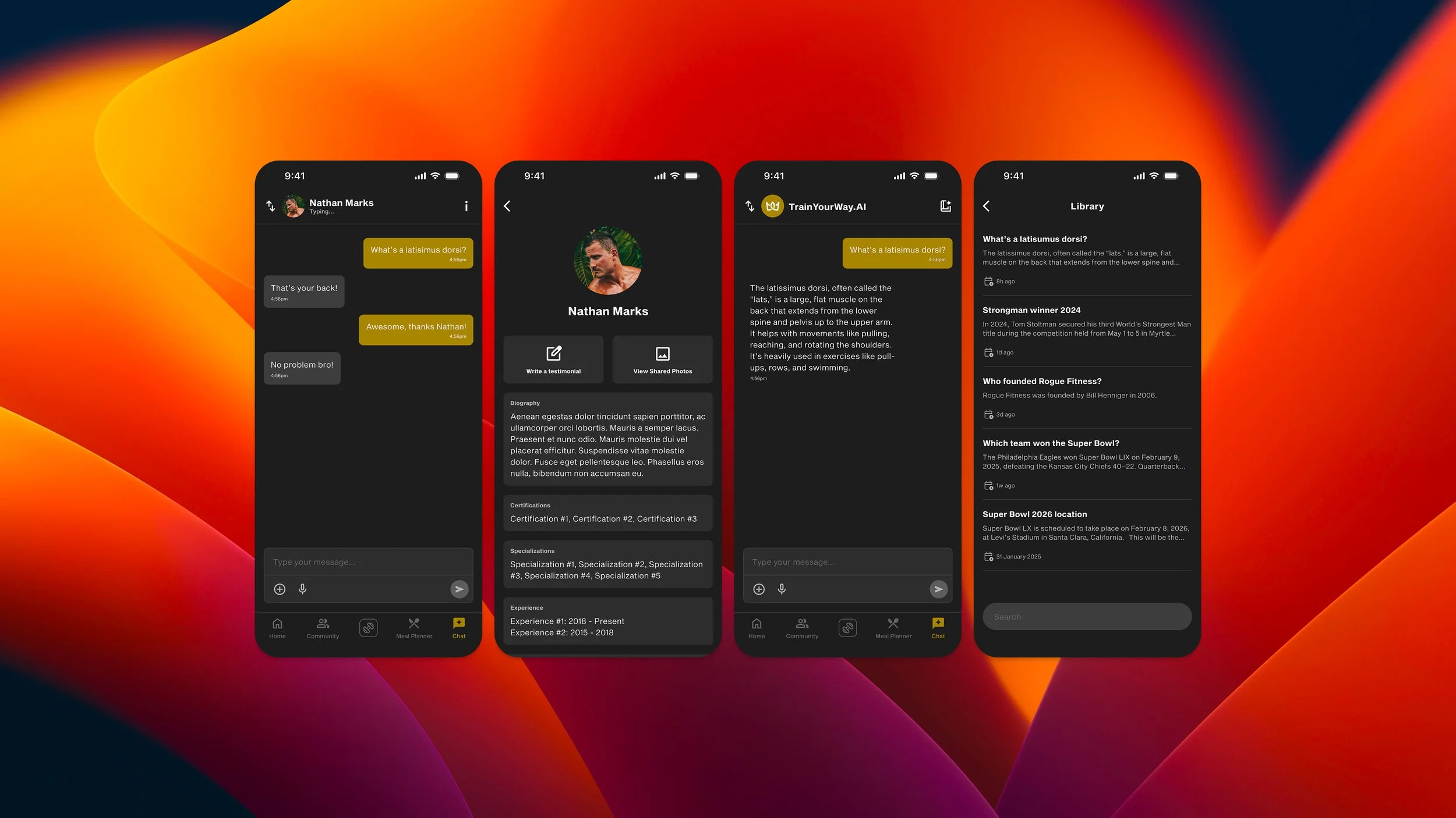 Chat: you can either chat with your trainer or with an AI agent.