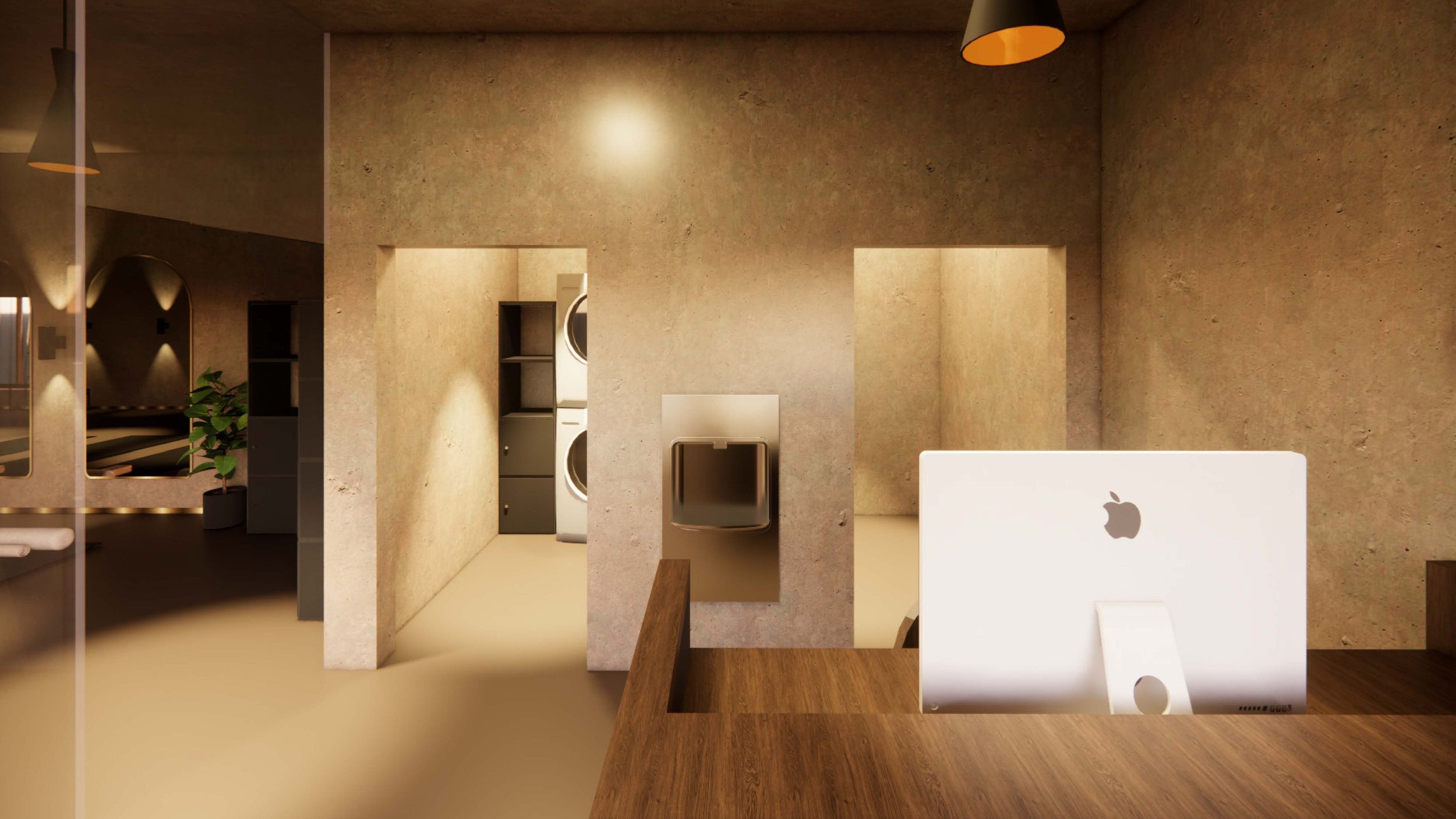 Rendering of the reception area at Insense Yoga Studio, showing a wood reception desk, a recessed water fountain, a stacked washer and dryer nook, and warm concrete-textured walls under pendant lighting.