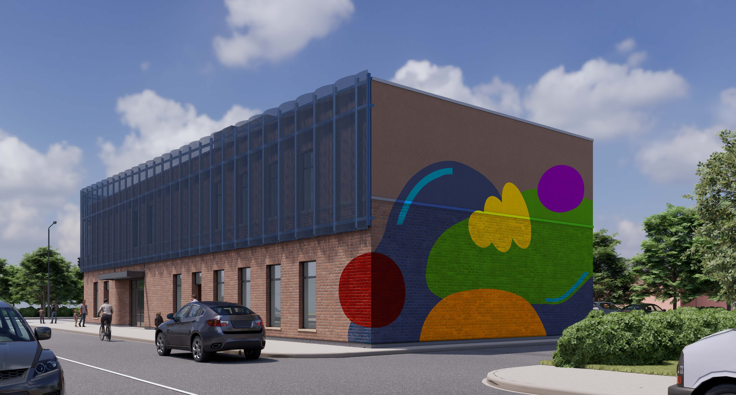 Modern Daycare Early Childhood Mural with Architectural Screen Wall and 2nd Floor Balcony