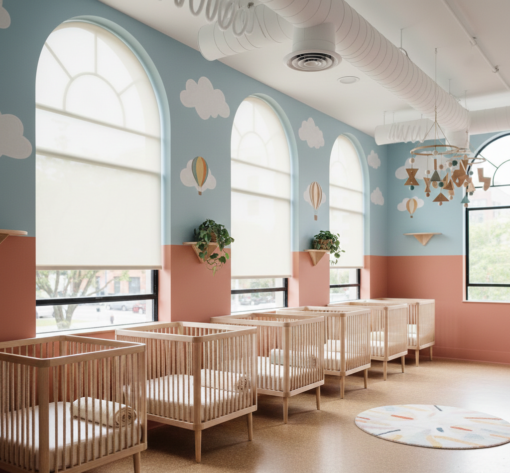 Educational daycare environment in Chicago featuring circadian lighting and sound-absorption panels for emotional regulation.