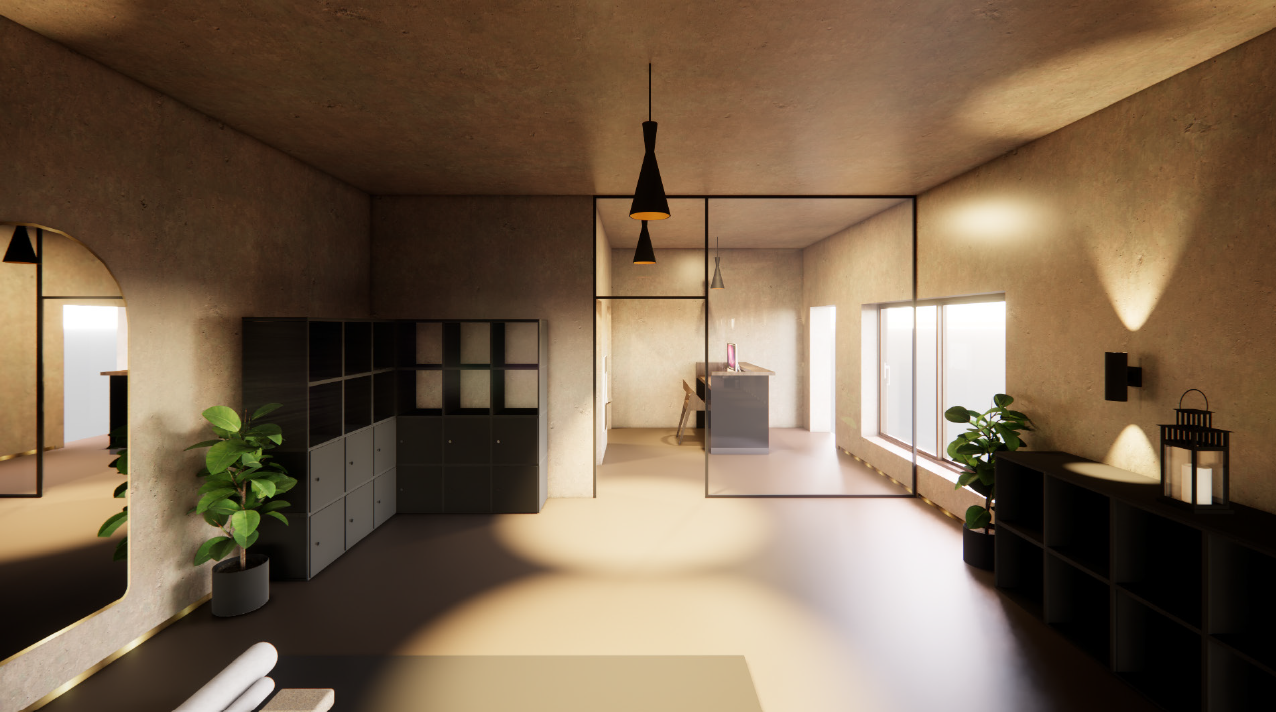 Rendering of the glass-partitioned passage between the yoga studio and reception at Insense Yoga Studio, with dark storage shelving, potted plants, and pendant lighting.