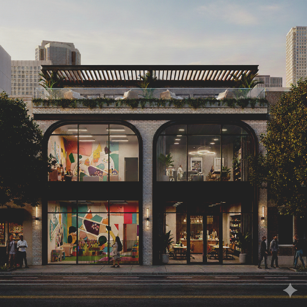 Two-story urban daycare hub in Chicago featuring operational adjacencies like a parent co-working lounge.