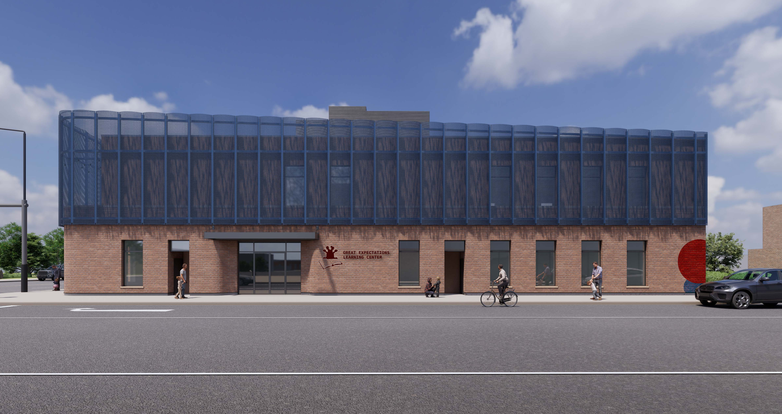 A modern brick building with a blue mesh facade on the upper level, labeled 'Great Expectations Learning Center', with people walking and biking in front, and a car parked on the street.