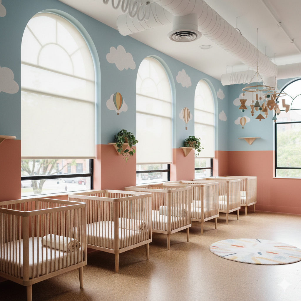 Modern early childhood classroom in Chicago designed for reduced sensory load with biophilic elements and natural light.