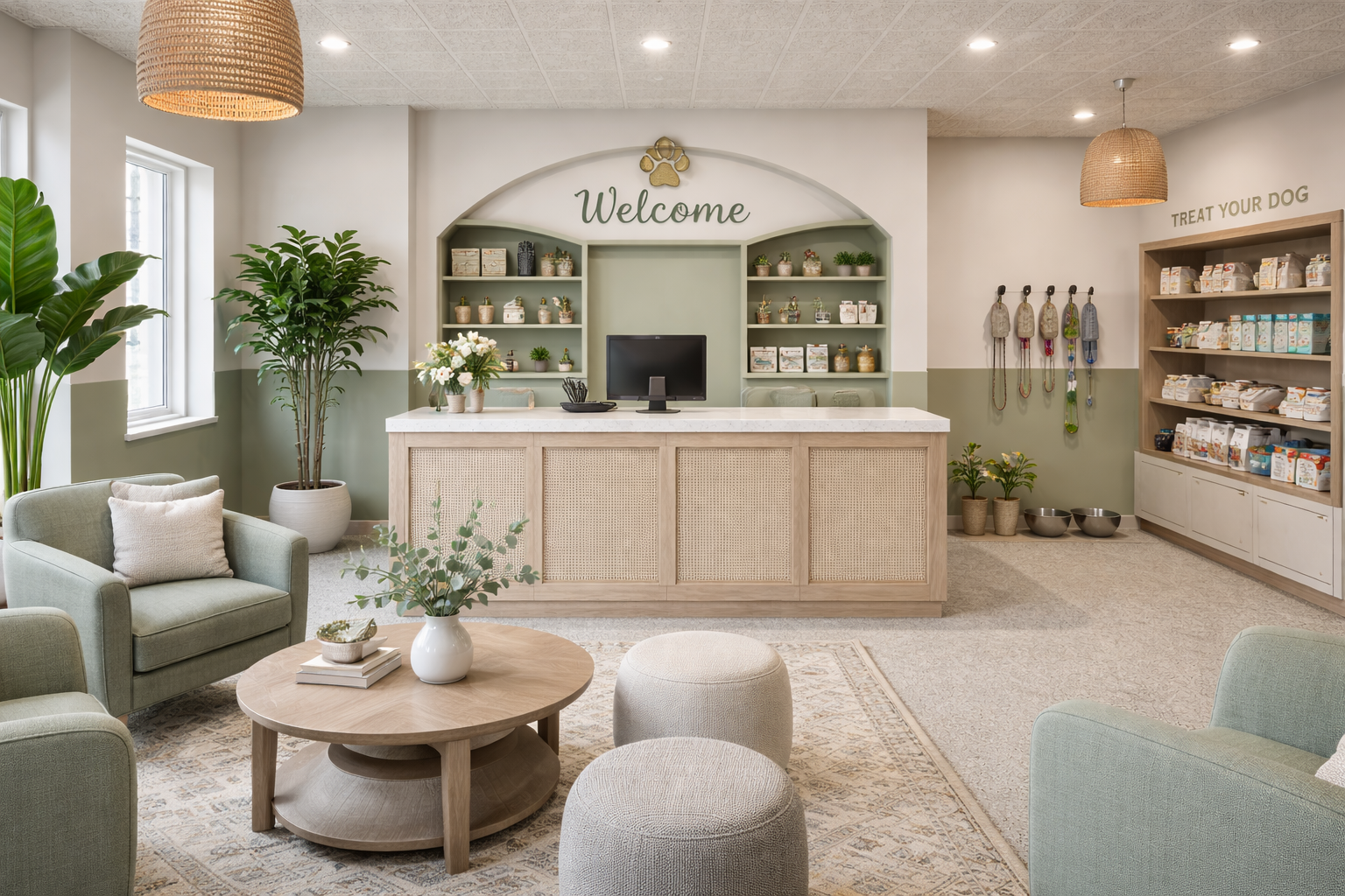 High-performance animal care lobby featuring industrial-grade durability and clinical-grade cleanliness standards disguised by high-end finish precision