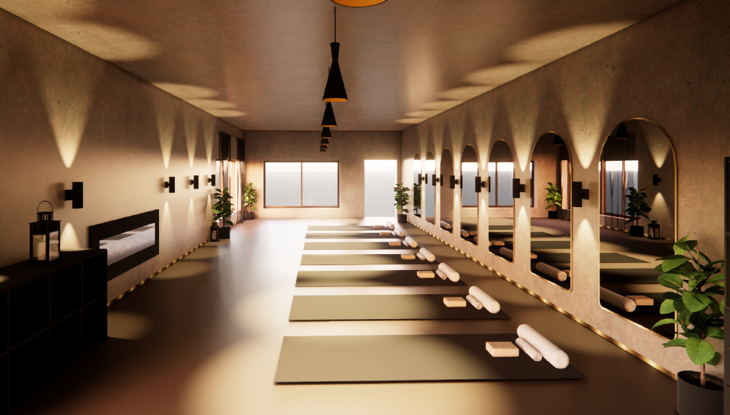 Rendering of the yoga practice studio at Insense Yoga Studio, showing rows of yoga mats facing a wall of arched, backlit mirrors, with pendant lighting, a built-in faux fireplace, and potted plants.