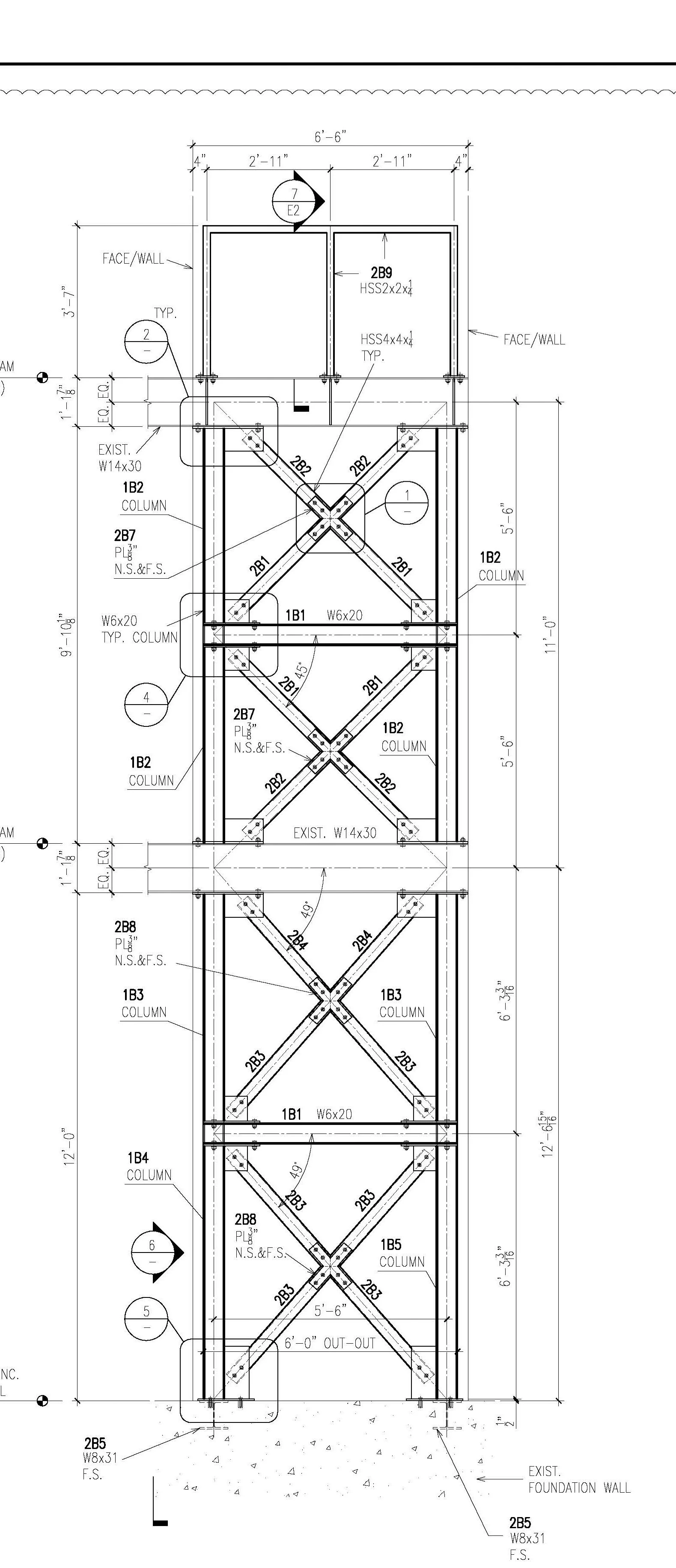 Architectural blueprint showing foundation and framing details of a building with measurements, wall labels, and structural elements.