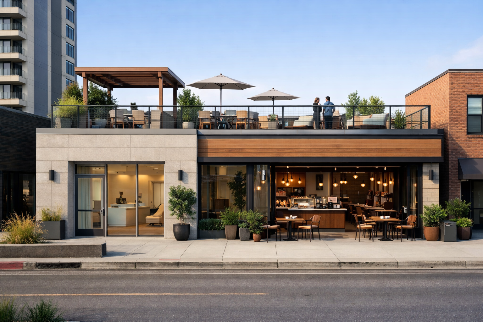 Single-story urban mixed-use building in Chicago featuring a med-spa and boutique cafe with high-load utility capacity.