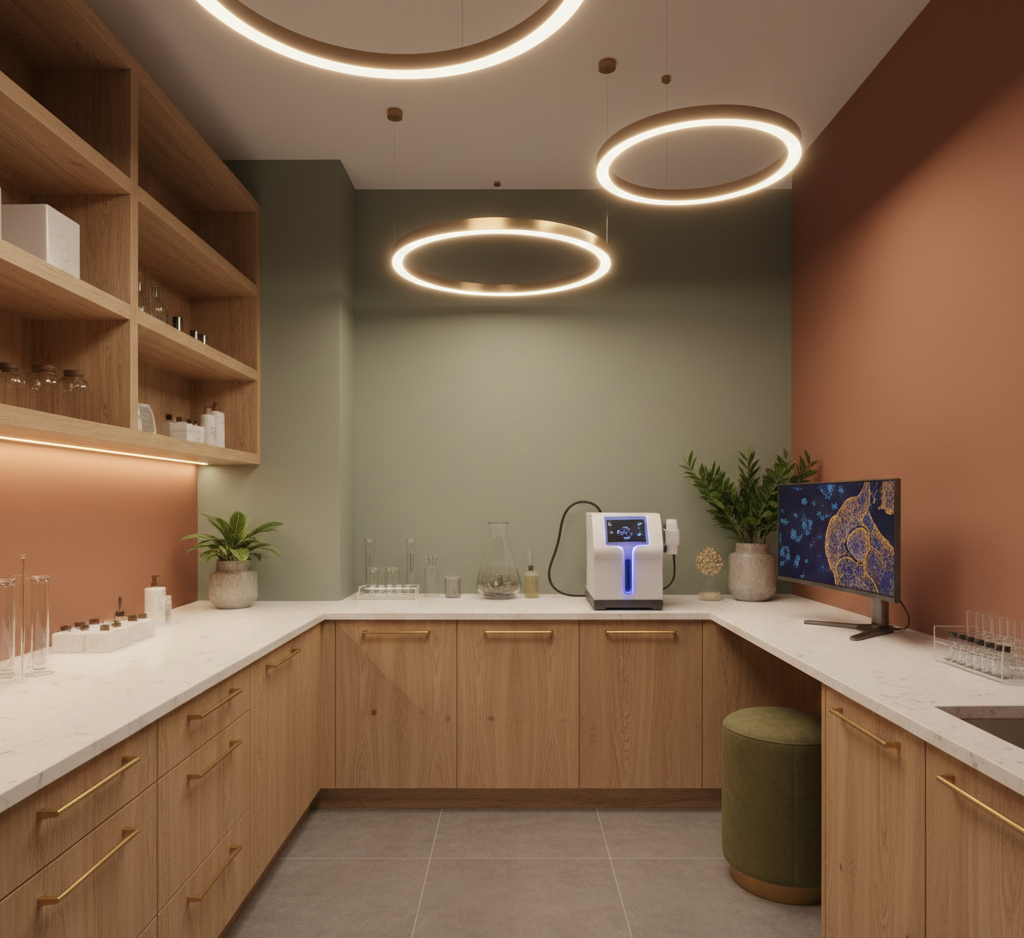 Medical-adjacent lab room with earthy, calming tones and high-performance clinical engineering infrastructure in Chicago.