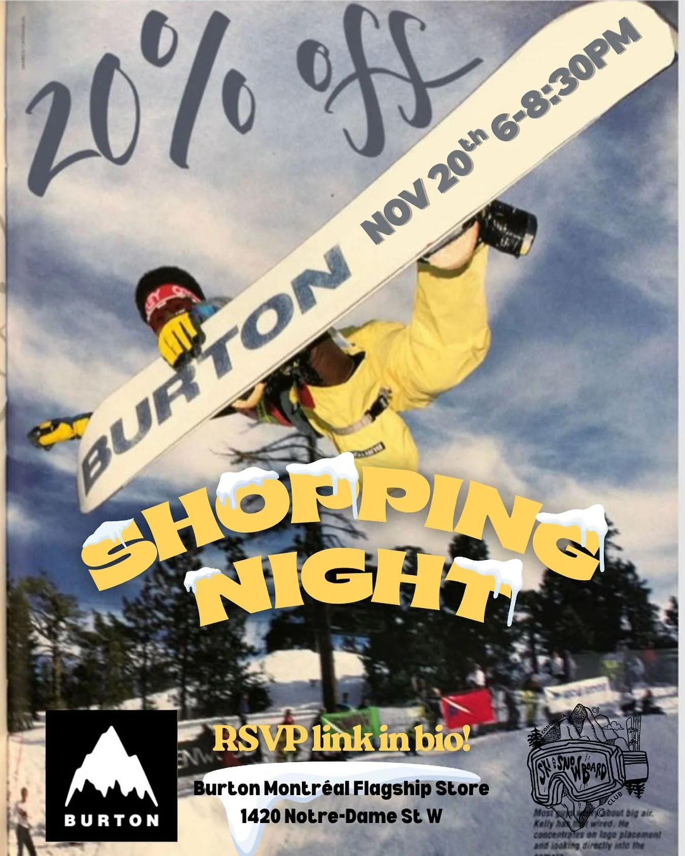 You heard that right, the ENTIRE BURTON store is 20% off for any concordia student!

We&rsquo;re taking over the Burton store for a Ski Club hangout &mdash; drinks, pizza, music, and discounts on everything from boards to jackets. 🏂🍕🍻 If you are t