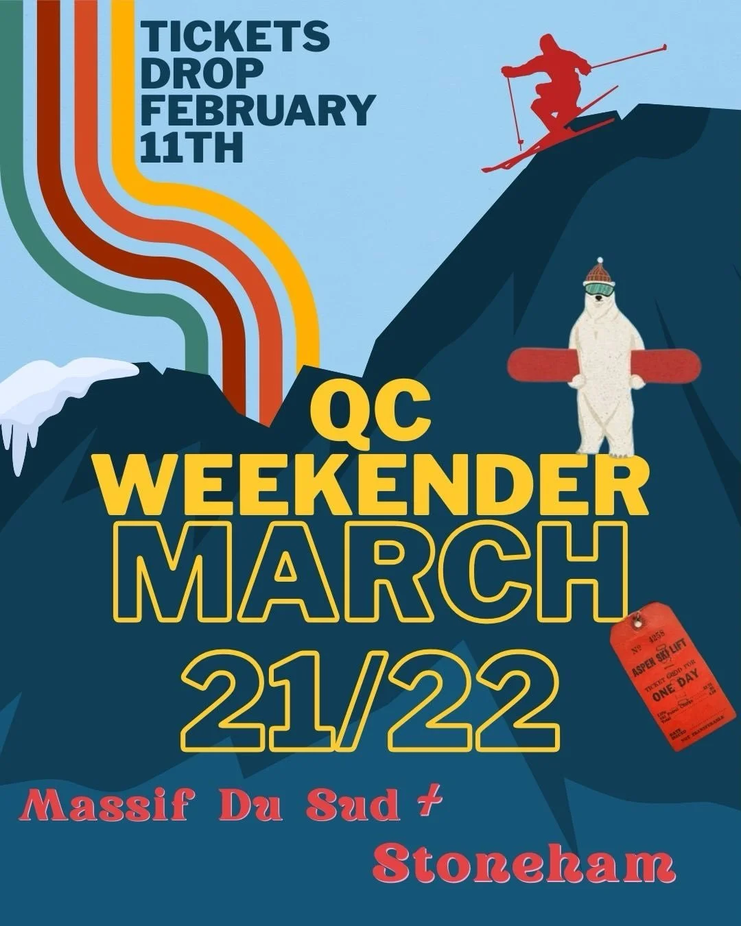QUEBEC CITY WEEKENDER /// MARCH 21-22🎿❄️

NEW HILLS UNLOCKED&hellip; MASSIF DU SUD + STONEHAM
🔓
The trip includes: 
- 1-night stay at the DELTA HOTEL by Marriott downtown Quebec City 🏨 
- Roof top heated pool 🏊 
- Ski at Massif Du Sud on Saturday