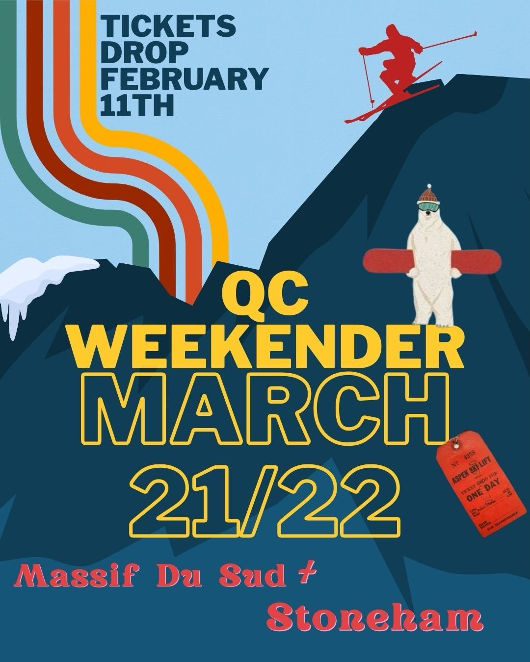 QUEBEC CITY WEEKENDER /// MARCH 21-22🎿❄️

NEW HILLS UNLOCKED&hellip; MASSIF DU SUD + STONEHAM
🔓
The trip includes: 
- 1-night stay at the DELTA HOTEL by Marriott downtown Quebec City 🏨 
- Roof top heated pool 🏊 
- Ski at Massif Du Sud on Saturday