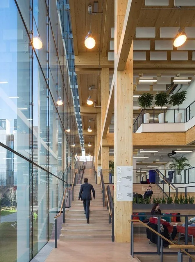 BREEAM Excellent certified mass timber building SKY UK HQ with VS1 facade, interior