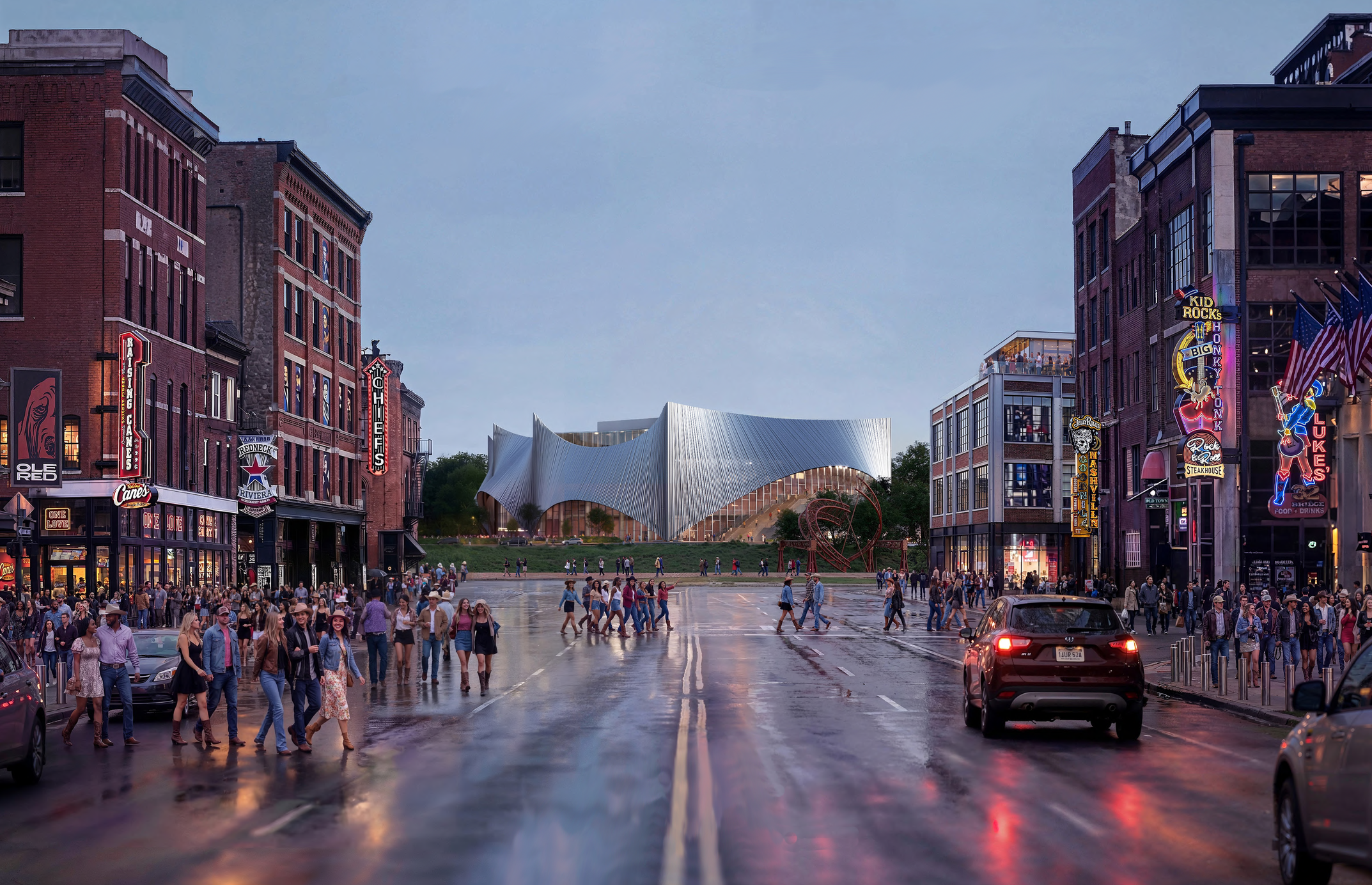 Tennessee Performing Arts Center street view rendering with VS1 facades and tube screen