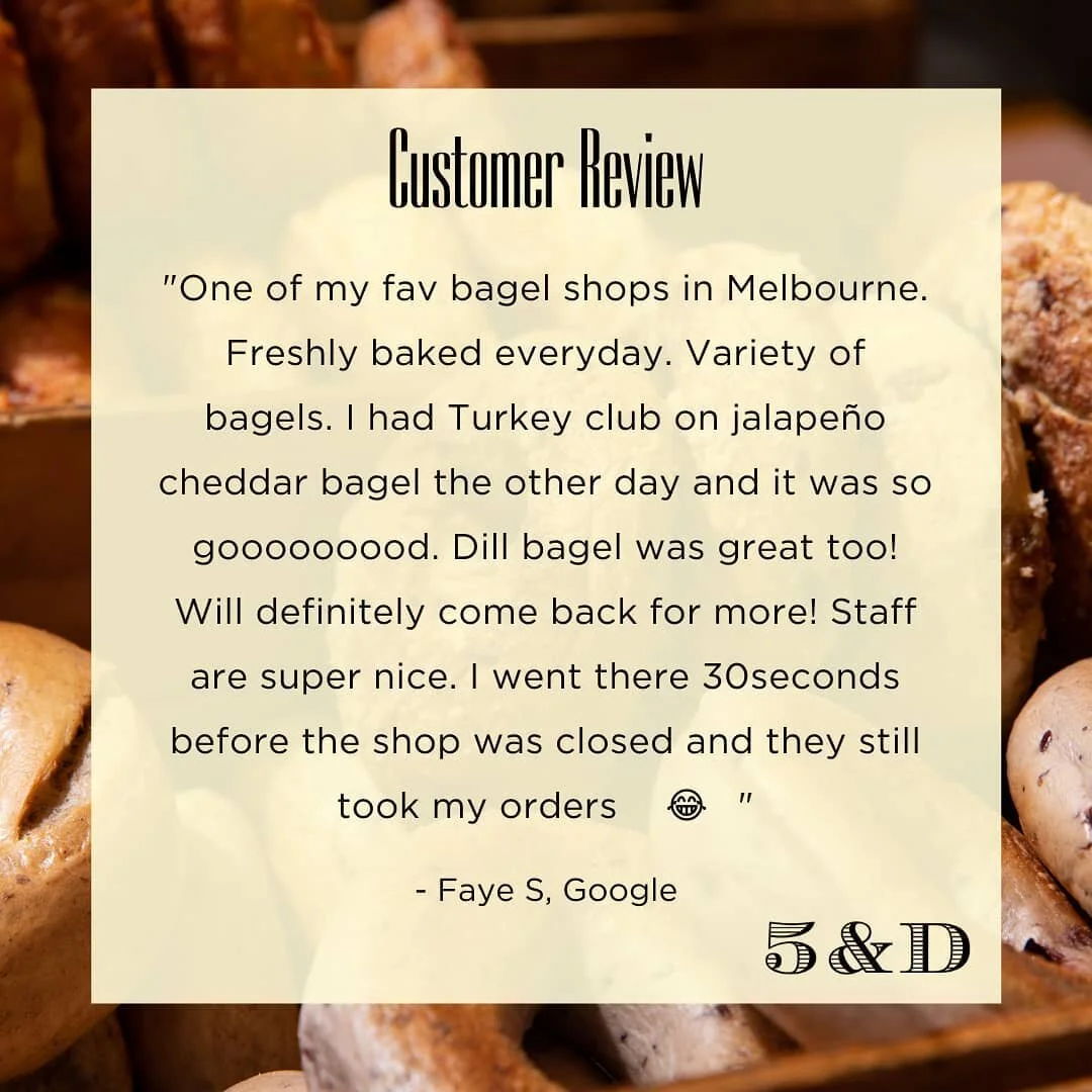 Faye S left this Google review for us 💭:
"One of my fav bagel shops in Melbourne. Freshly baked everyday. Variety of bagels. I had Turkey club on jalape&ntilde;o cheddar bagel the other day and it was so gooooooood. Dill bagel was great too! Wi