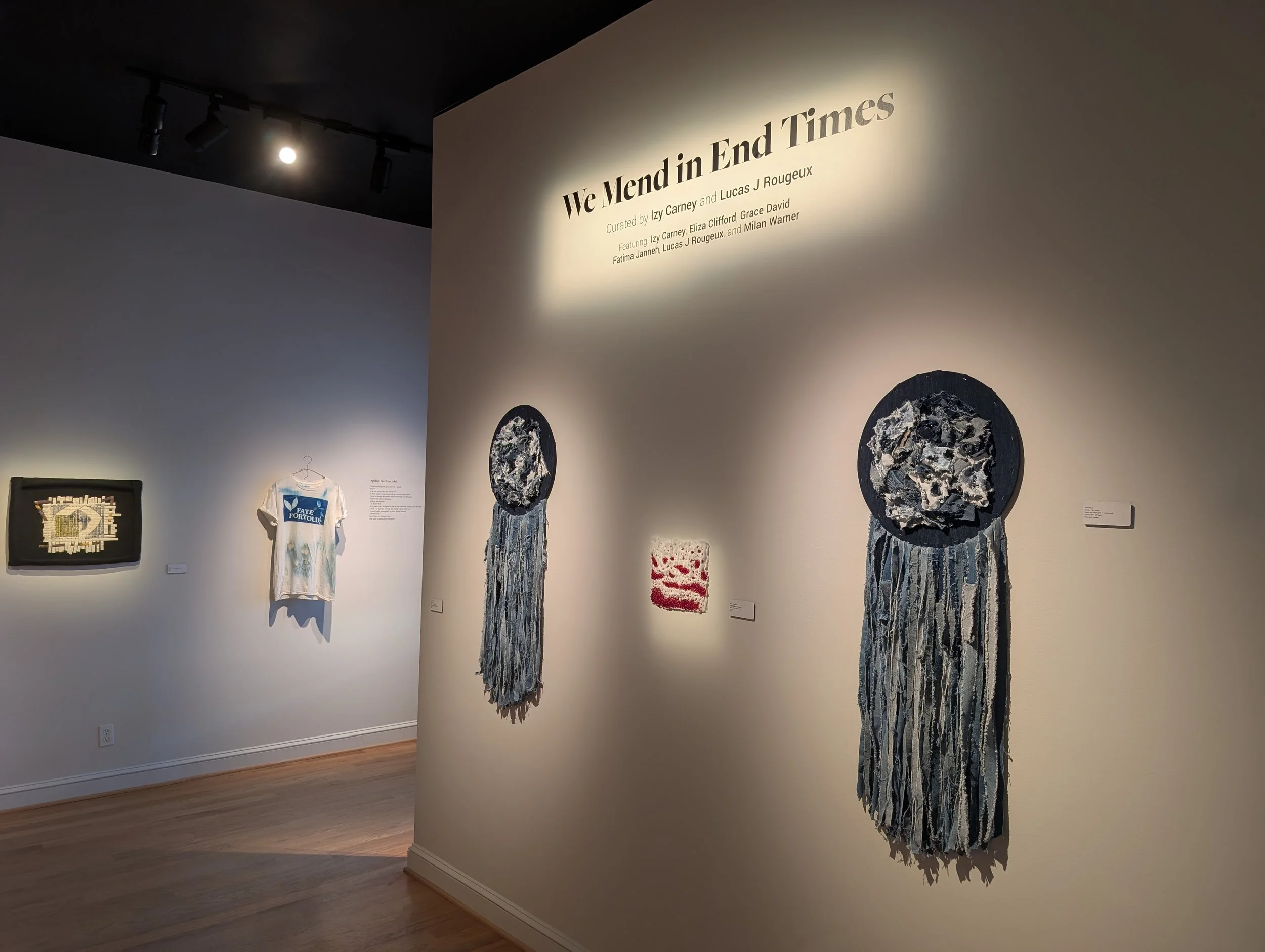 (left to right)
"Looking" by Eliza Clifford
"Four Seasons" Fatima Janneh
"Untitled" by Miss Grace David (Denim works)
"American Blood Landscape" by Lucas J Rougeux (between denim work) 