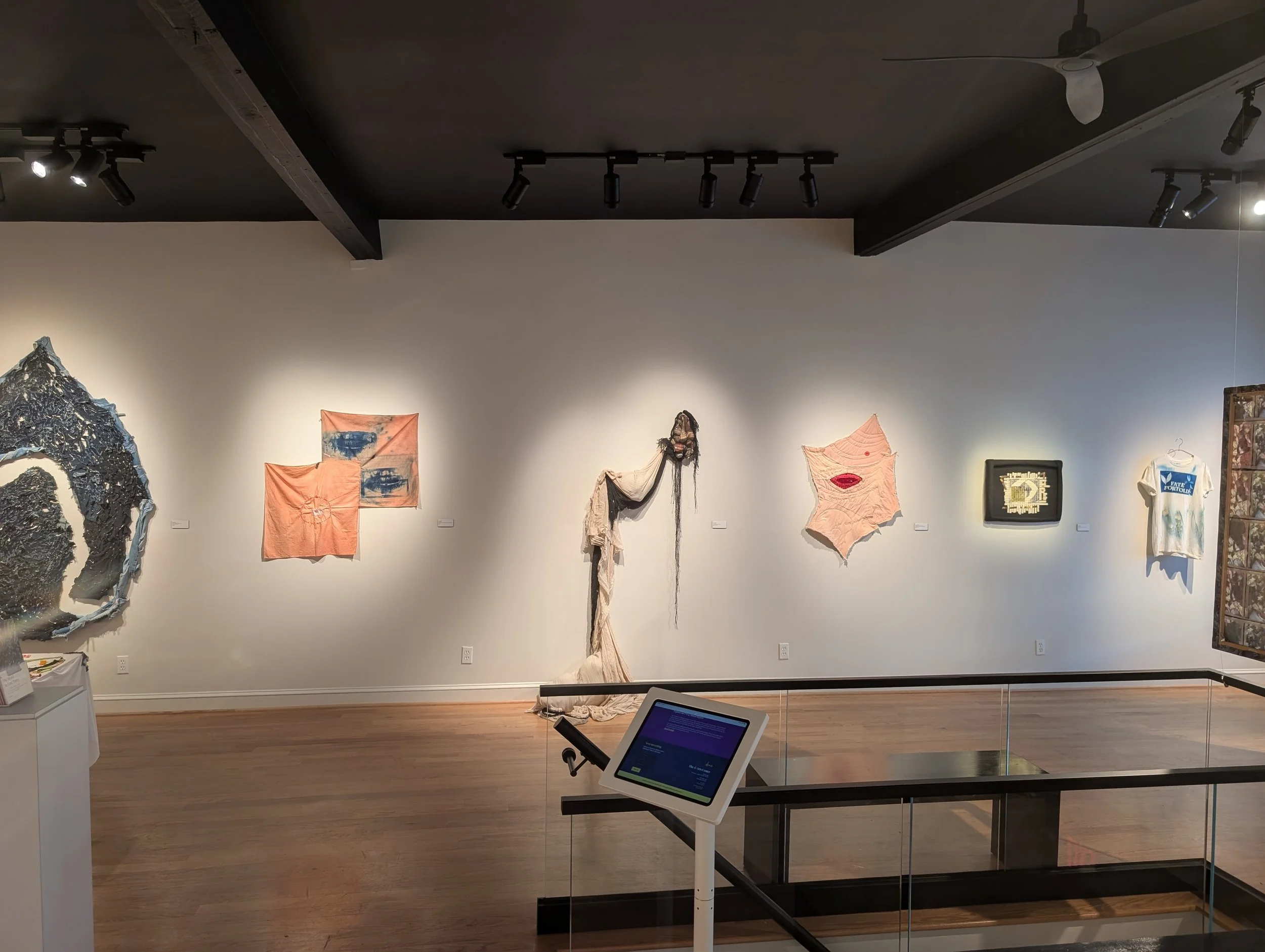 Overview of long gallery wall (left to right)
"I Want my Body to Vibrate" by Miss Grace David
"Relief" by Fatima Janneh
"Untitled" by Milan Warner
"Trans Christ Side Wound" by Lucas J Rougeux
"Looking" by Eliza Clifford
"Four Seasons" by Fatima Janne