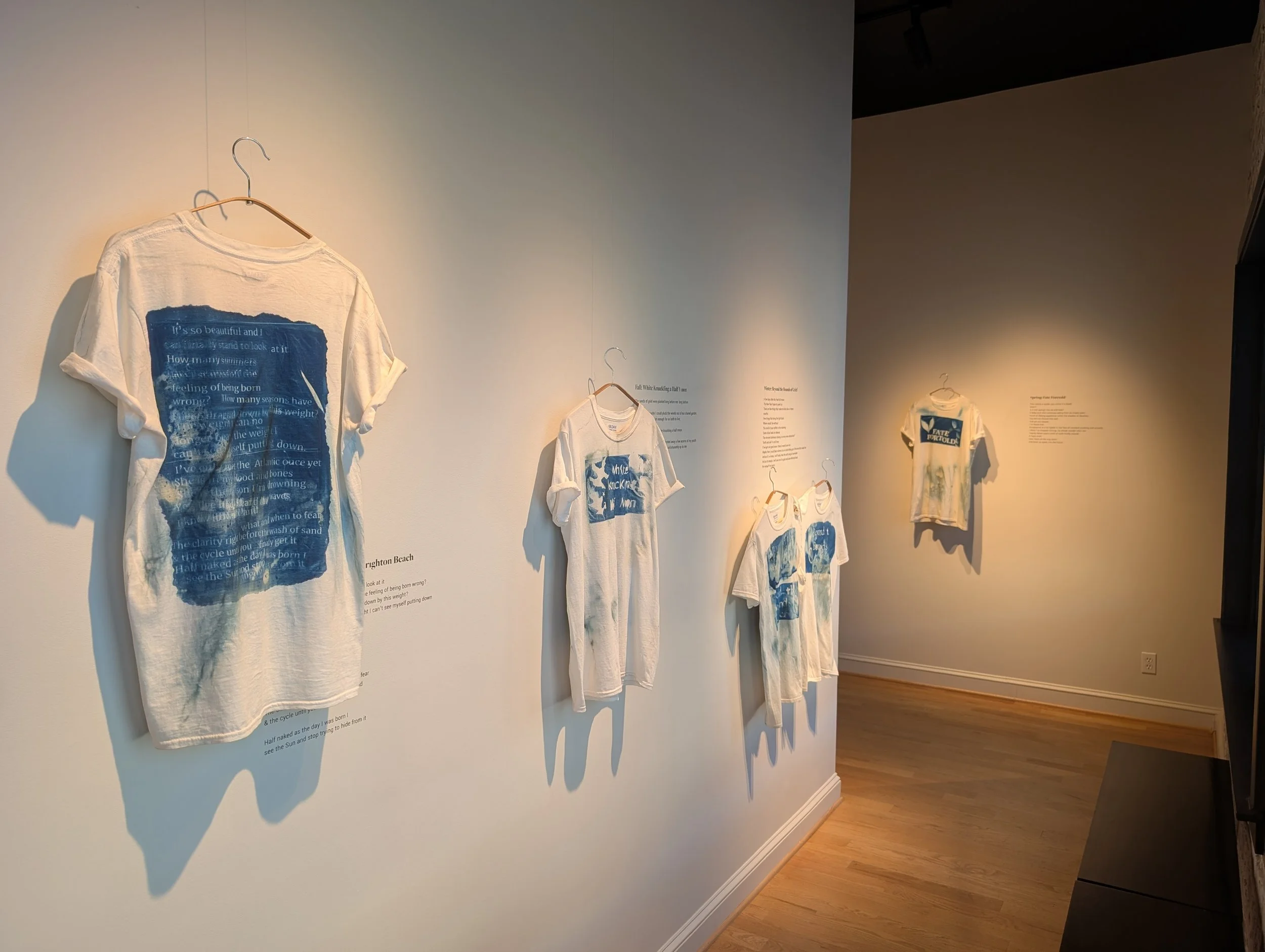 "Four Seasons" by Fatima Janneh (cyanotype on tshirts and poetry)