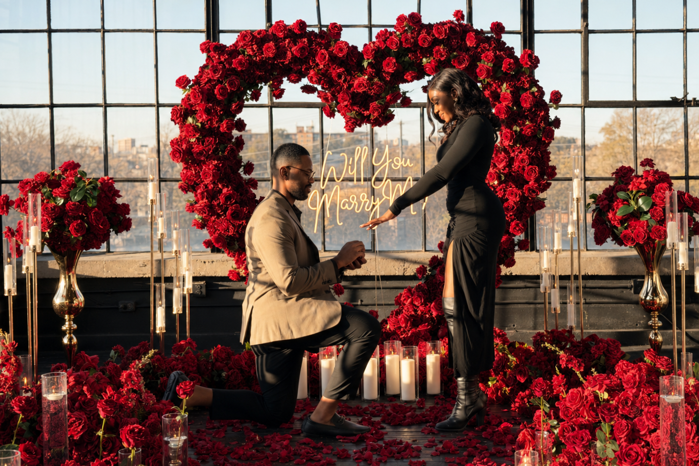 Luxury wedding proposal with Black couple in front of a red rose heart, candlelit décor and “Will You Marry Me” sign